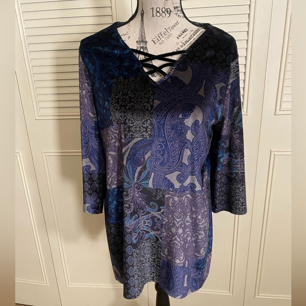 Chico’s blue velvet paisley tunic blouse top